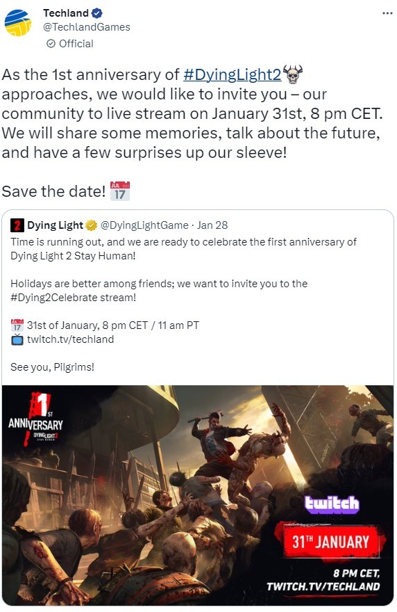 《消逝的光芒2》2月1日举办1周年直播:有惊喜内容