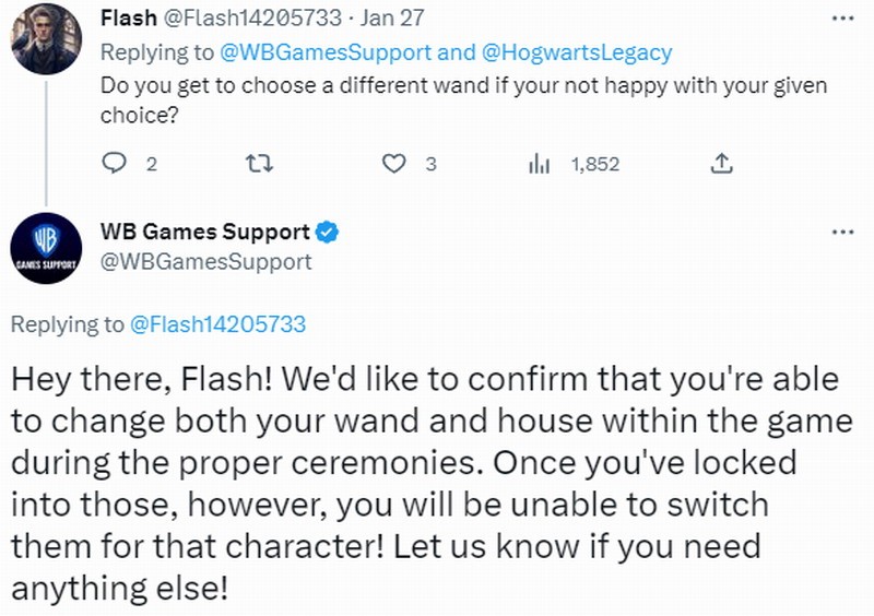 《霍格沃茨之遗》分院仪式后，玩家无法与学院交换魔杖