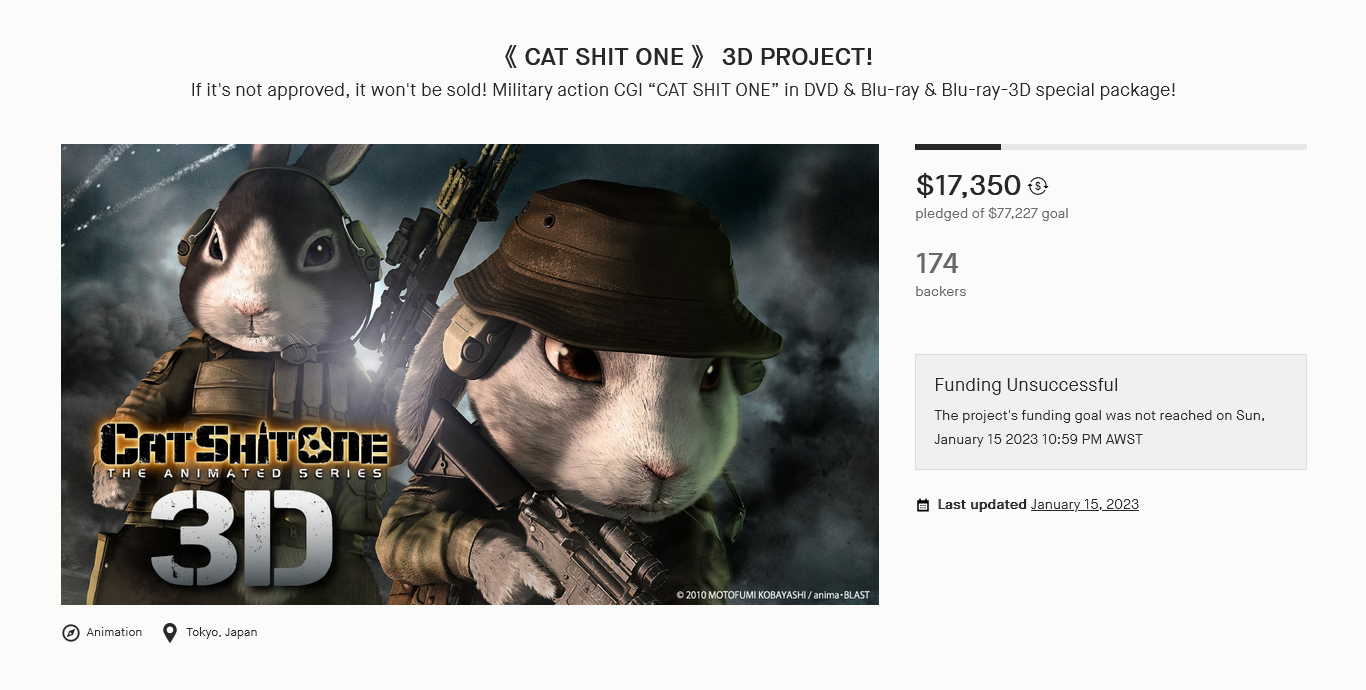 经典动画复活失败《猫屎一号》众筹未能达成目标