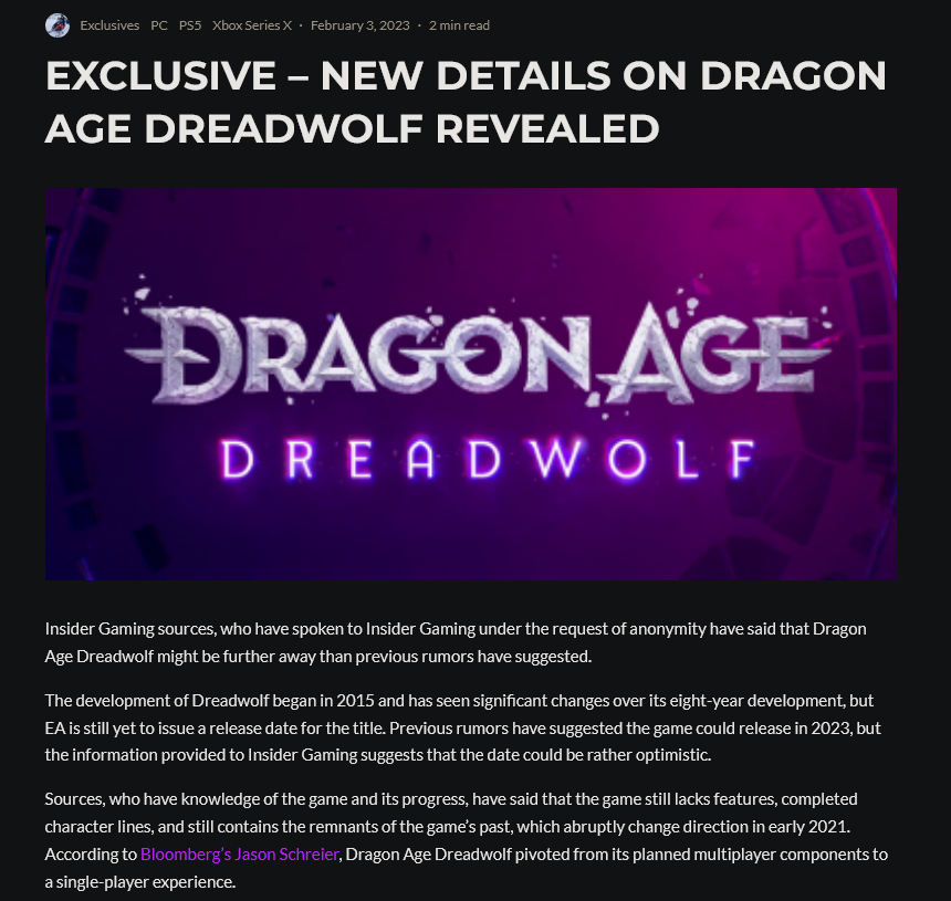 《龙腾世纪4：恐狼》或2023年内无法上市