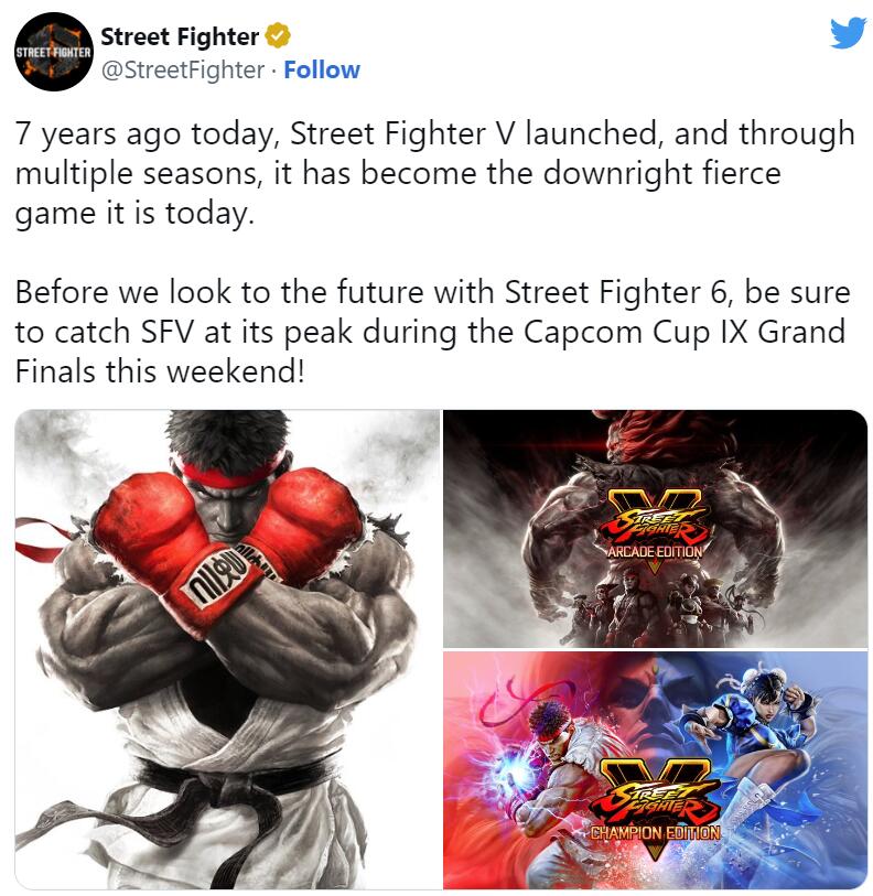 《街头霸王5》发售七周年官方推特发布庆祝