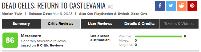 《死亡细胞》DLC回恶魔城评分解禁m站全部86分