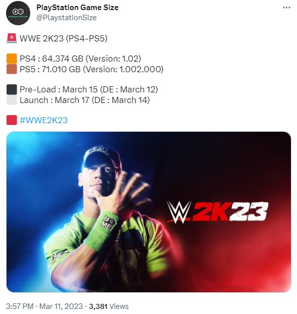 《WWE 2K23》PS文件大小发布PS5大小71GB