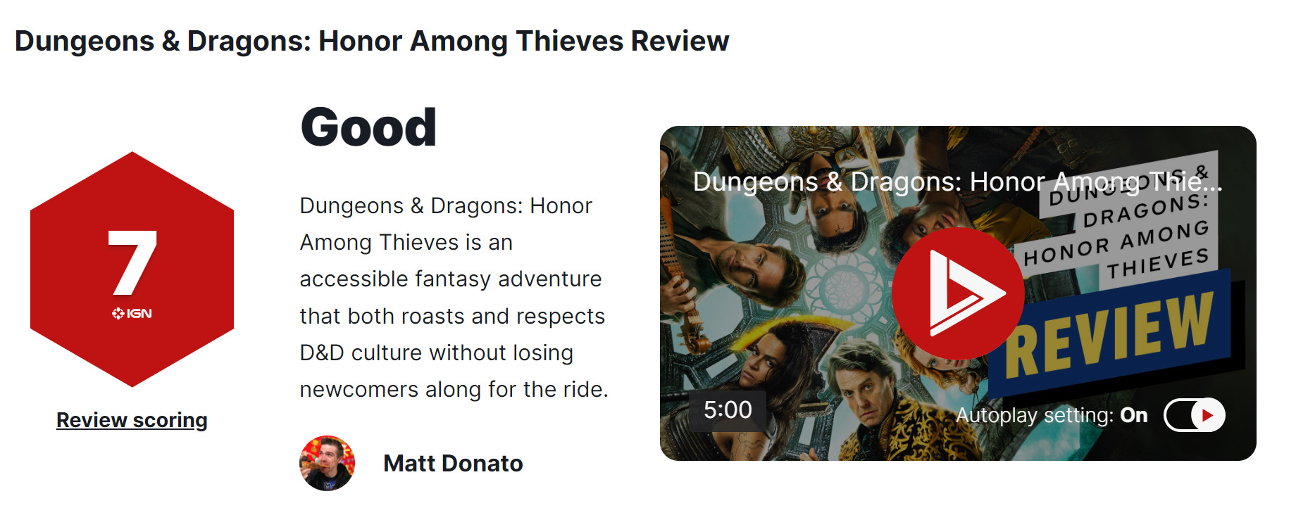 《龙与地下城：侠盗荣耀》口碑解禁IGN7分好评