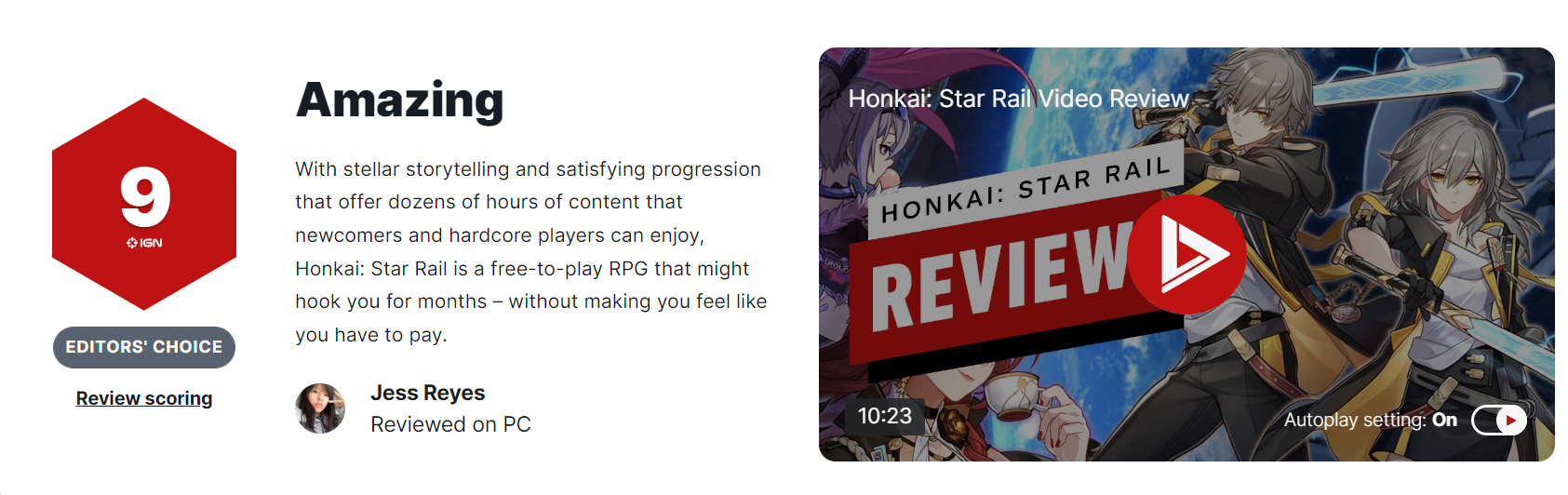 《崩坏：星穹铁道》IGN9分：超过《原神》，精彩
