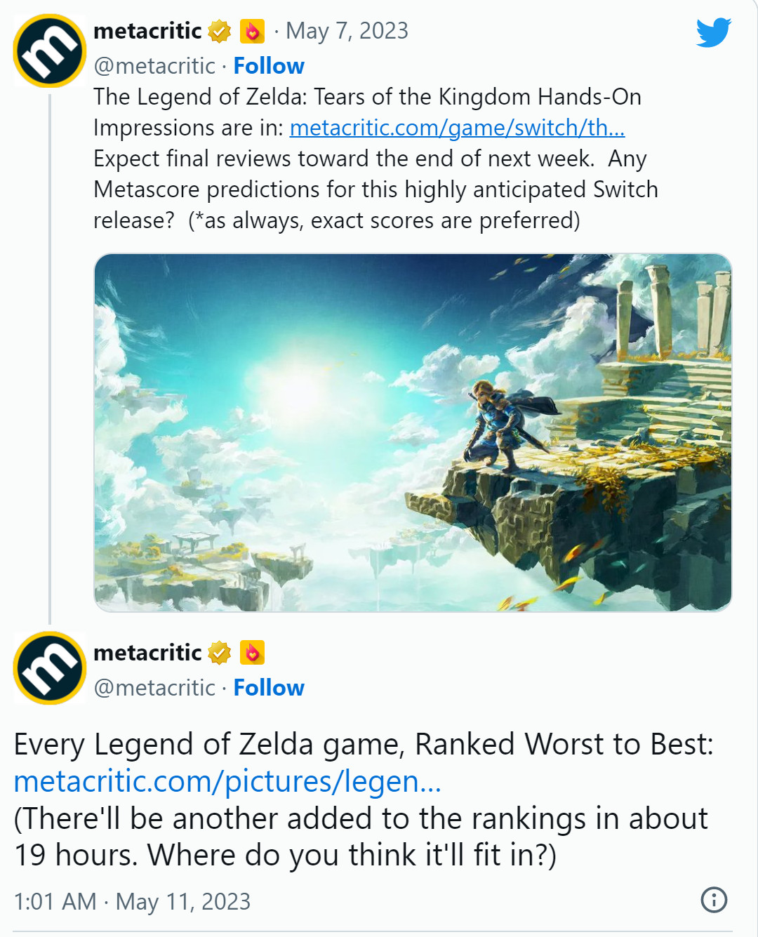 《塞尔达传说：王国之泪》分数将于今晚8：00取消。
