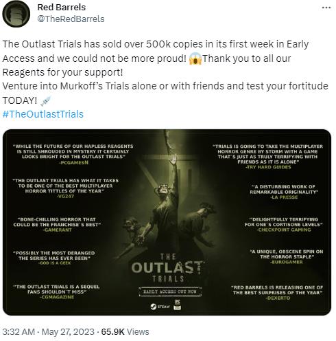 《逃生：试炼》在第一周就售出了超过500000份的蒸汽《极品评论》。
