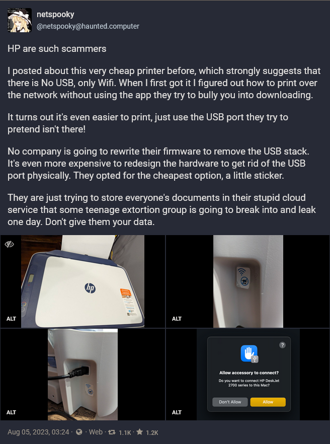 惠普声称无线打印机没有USB端口：只用一张贴纸来隐藏它们。
