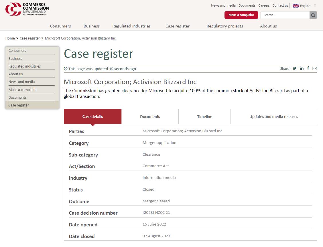 新西兰商务委员会：批准微软全面收购动视暴雪
