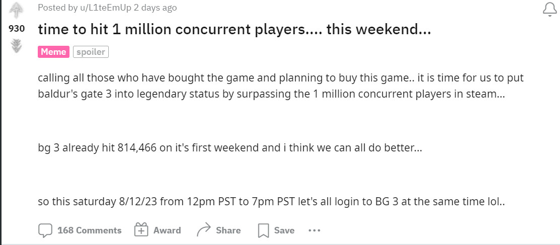 《博德之门3》粉丝组织登录游戏，希望突破100万大关。
