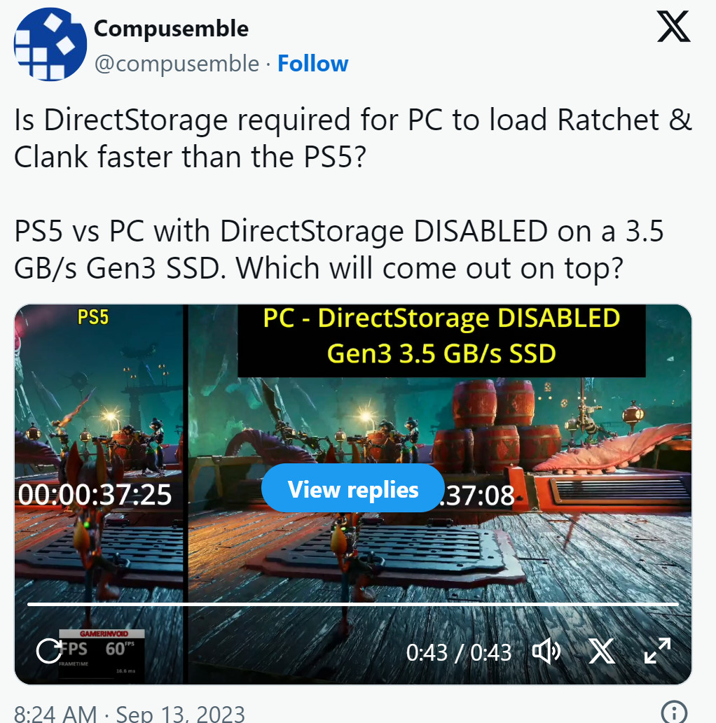 结果表明，《瑞奇与叮当：分离》PC的负载比PS5的负载要快。
