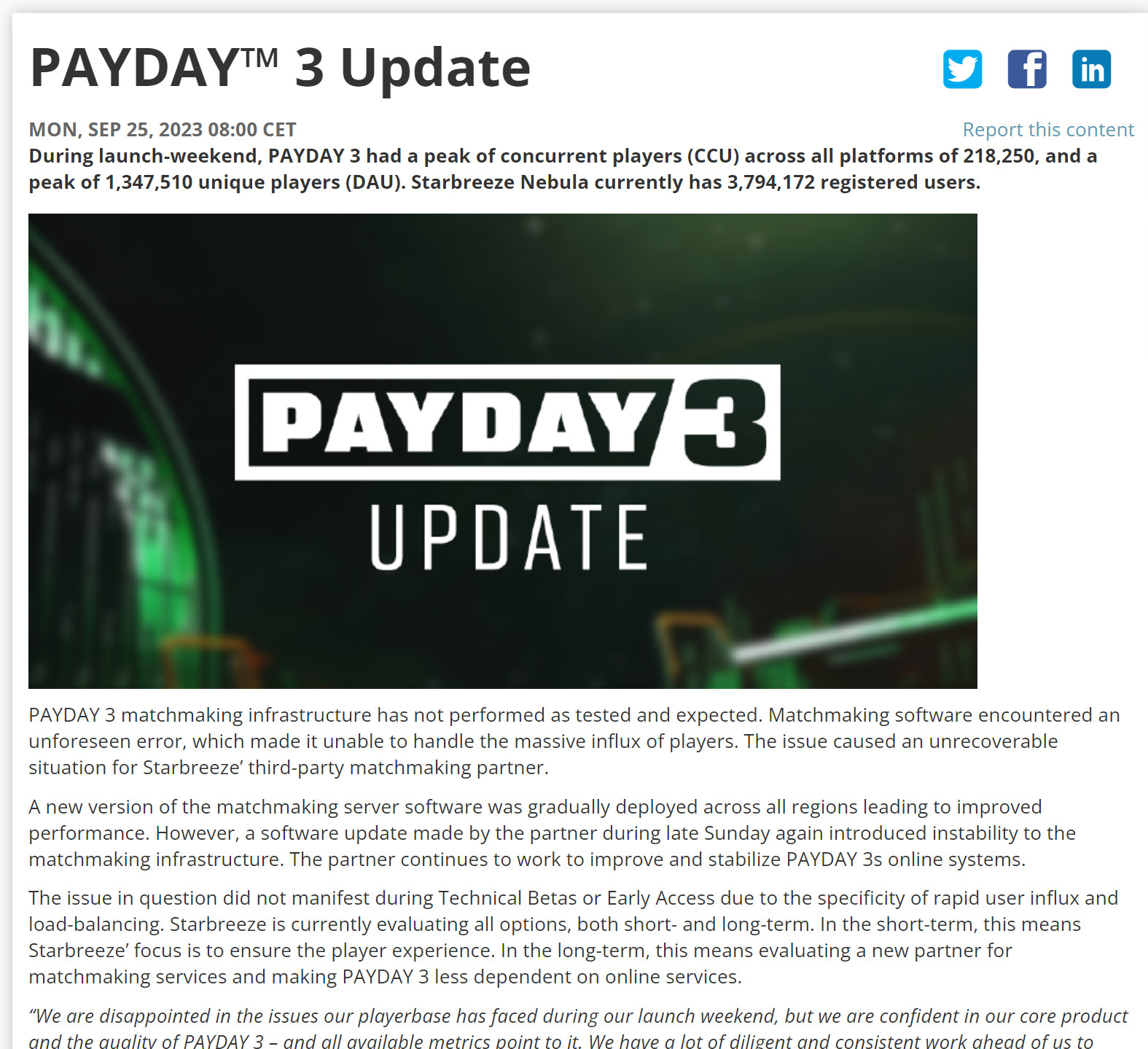 《收获日3》的日活跃用户数量达到130万的峰值。出版商为服务器问题道歉。
