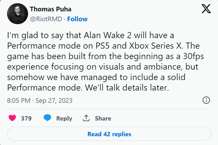 《心灵杀手2》大型机版本将具有支持60帧的性能模式
