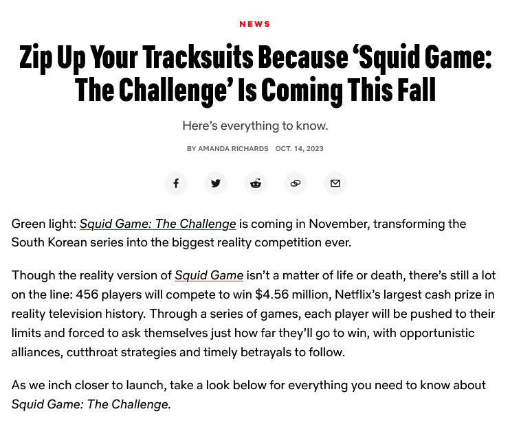 NetflixLIVE版真人秀《鱿鱼游戏》将于11月22日首播
