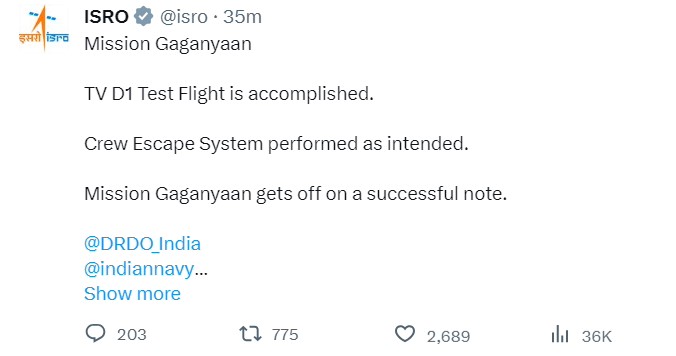 印度首个载人航天任务“加甘尼”TV-D1试飞成功逃逸系统如期运行
