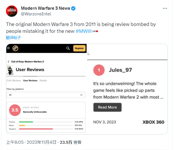 2011年的《使命召唤8：现代战争3》被差评轰炸。

