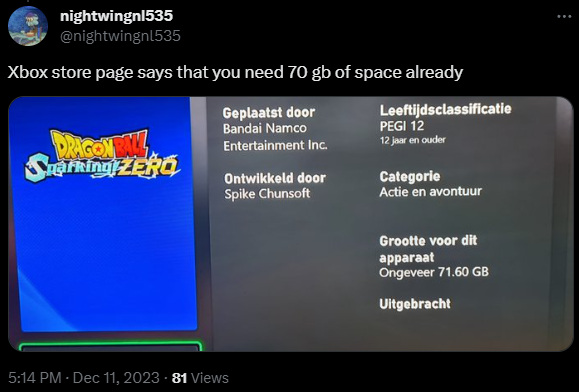 怀疑《龙珠Z：电光火石0》Xbox版本的安装容量泄漏
