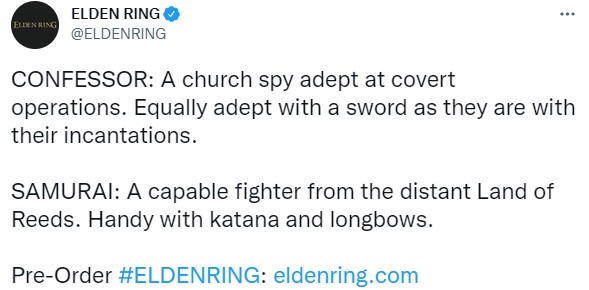 《艾尔登法环》忏悔者与武士专业截图。武士是非常坚韧的。