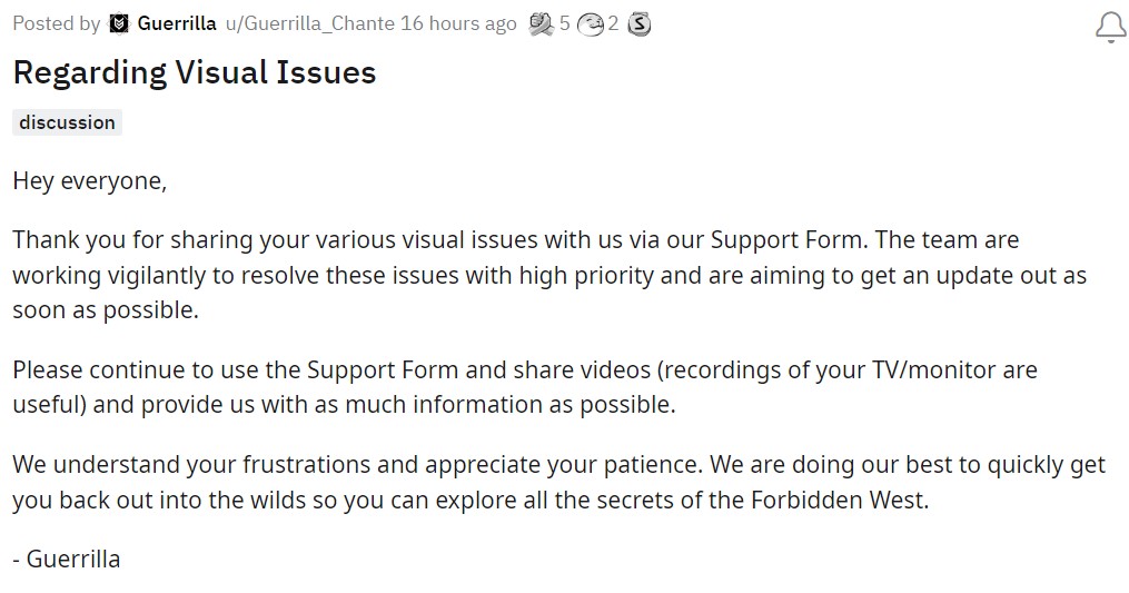 开发团队了解到《地平线：西之绝境》图片问题更新即将上线。