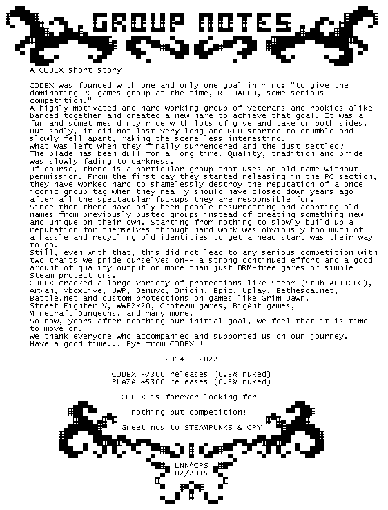 退休！国外知名破解团队CODEX宣布洗手不干了。