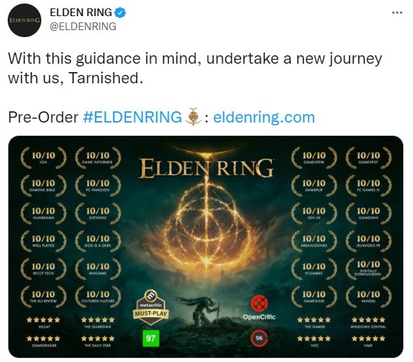 《艾尔登法环》已经正式发布，官方平面媒体的满分截图已经发布。