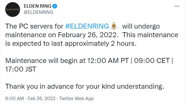 PC版《艾尔登法环》下午4: 00服务器维护持续约2小时。