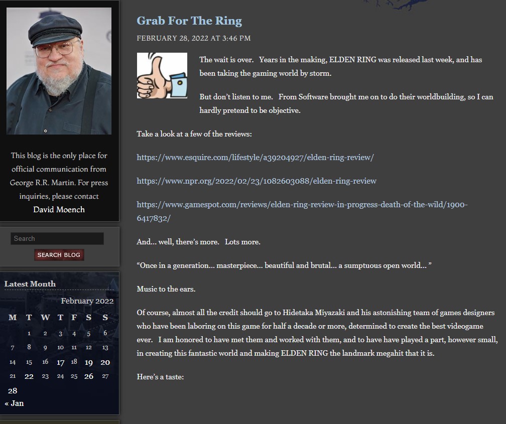 乔治马丁神父博客安利《艾尔登法环》