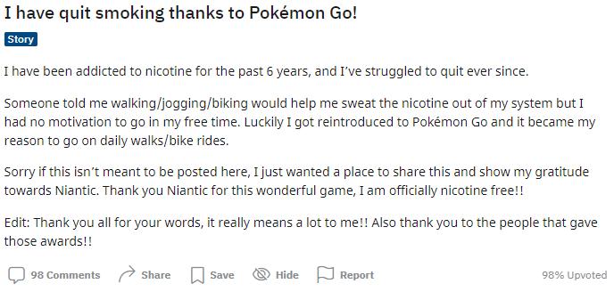 《宝可梦Go》协助玩家成功戒烟。玩家发个文档夸开发者。