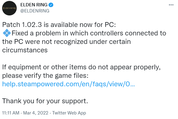 《艾尔登法环》 PC版本1.02.3补丁在线修复处理无法识别问题。