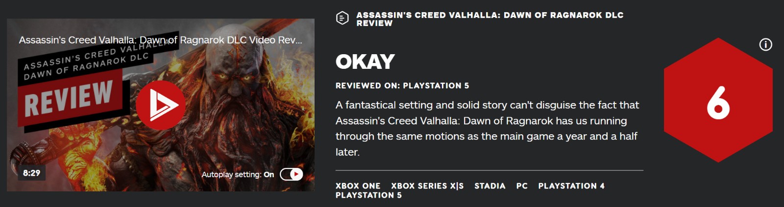 《刺客信条：英灵殿-末日曙光》 IGN  6分玩法没变。