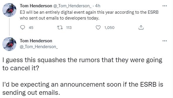 汤姆汉德森：ESRB已经发了一封电子邮件确认它将在E3在线举行。