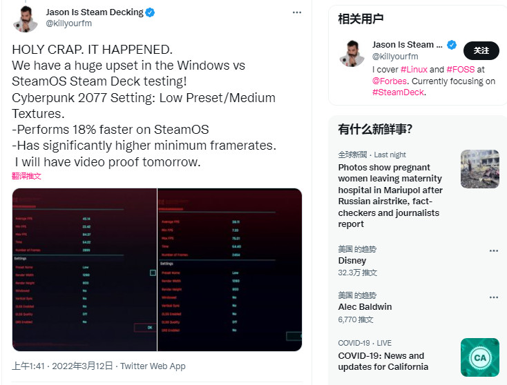 《赛博朋克2077》蒸汽甲板测试：蒸汽操作系统比Win10快17%