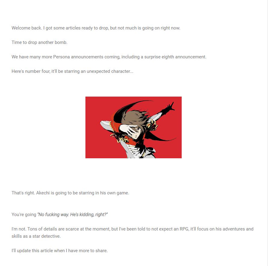 传闻：《P5》以明智吾郎为主角的衍生作品正在开发中。