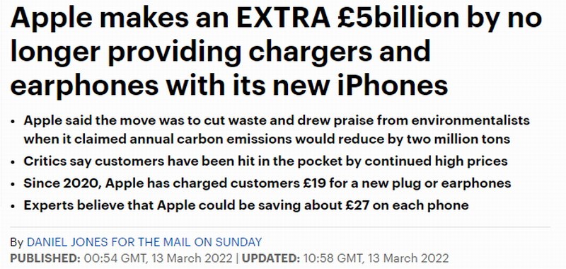 专家：苹果注重环保，不送耳机充电器节省50亿英镑。