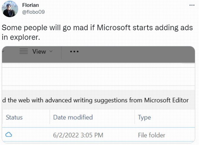 据说微软Win11文件管理器广告只是一个测试，并不打算公开。