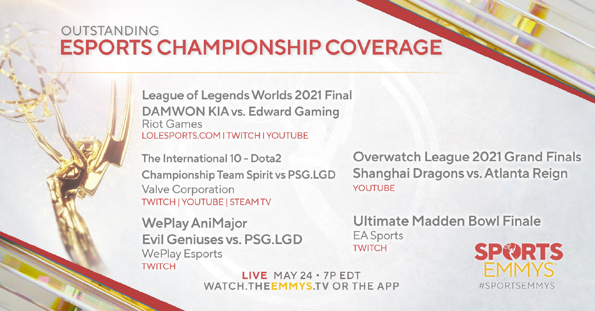 联赛S11总决赛被体育艾美奖提名优秀电子竞技总决赛奖。