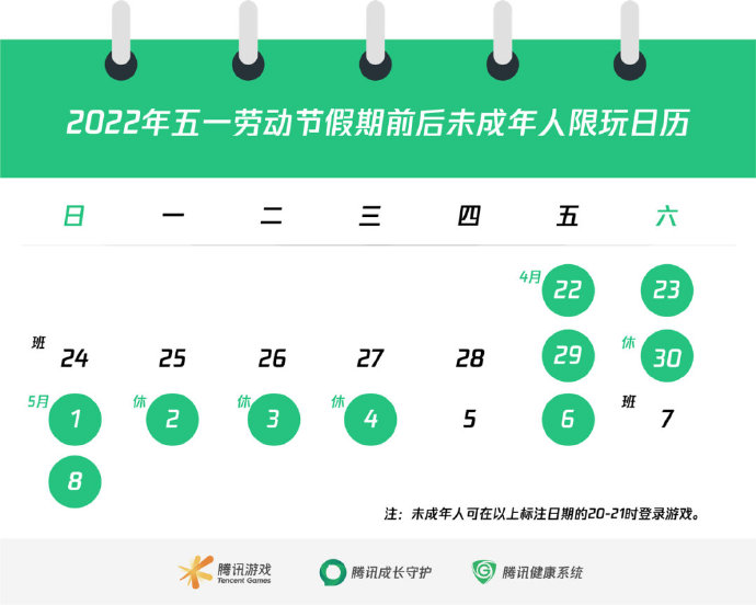 腾讯游戏五一未成年玩公告每天限玩一小时。