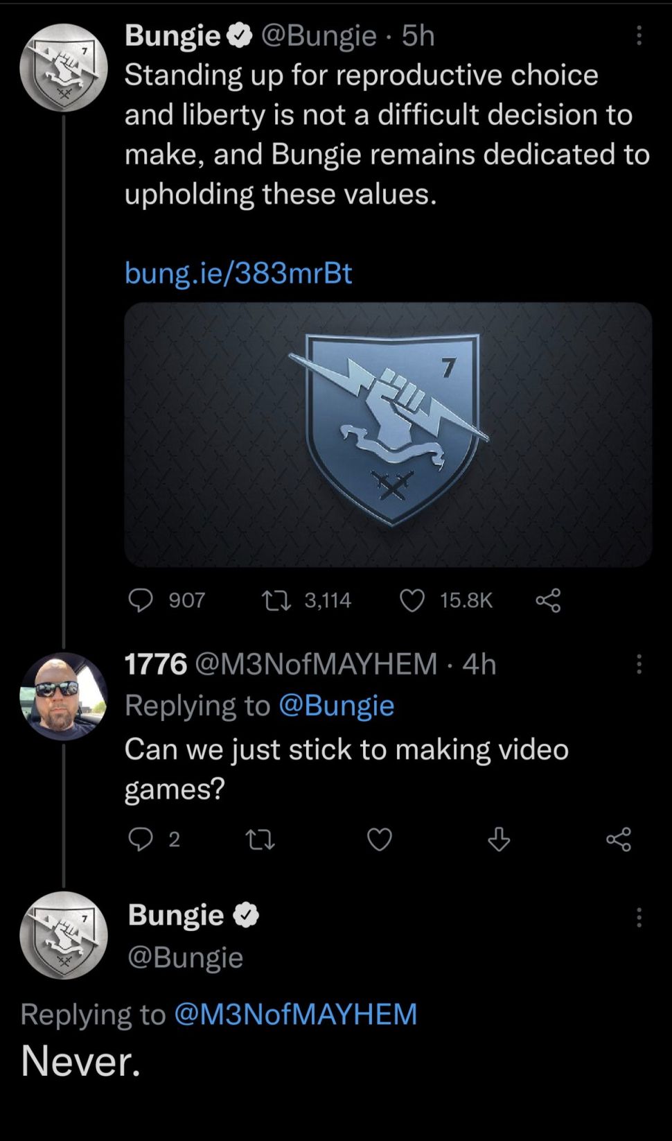 Bungie支持罗v韦德，拒绝被要求“只是玩游戏”