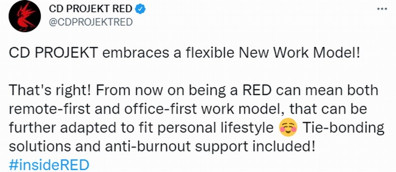 CDPR采用新的工作模式。员工可以选择去公司或者在家工作。