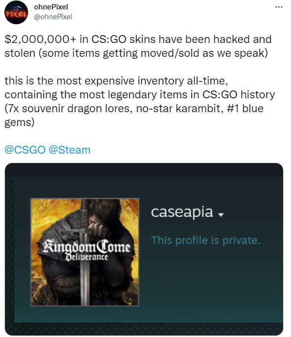 迪拜王子《CSGO》超过200万美元的皮肤被盗，7条龙