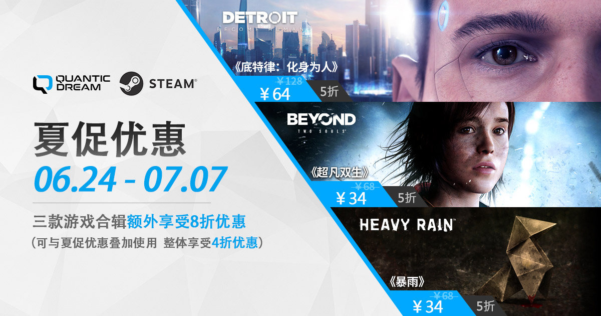 Steam夏季促销，QuanticDreamStudio旗下三款游戏最低6折。