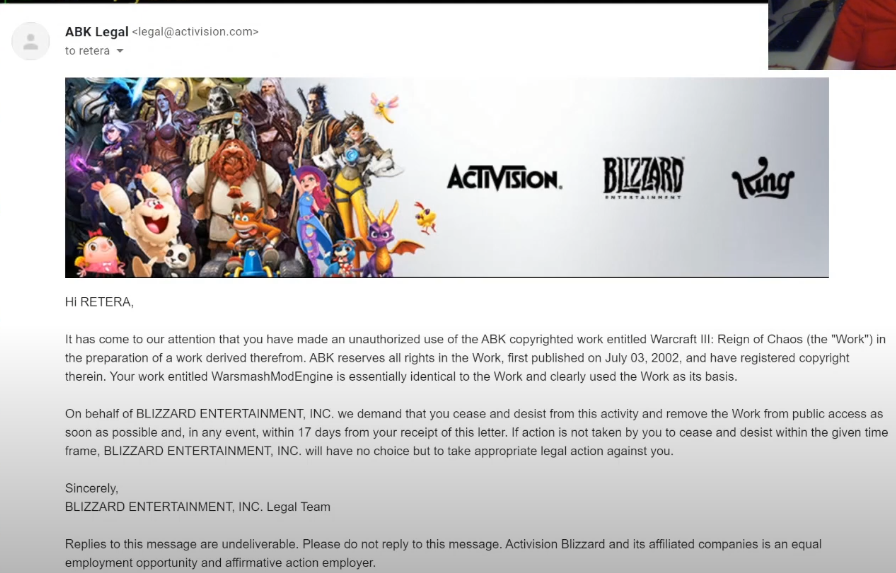 《魔兽争霸3》modengine作者收到暴雪律师来信:删除否则将被起诉。