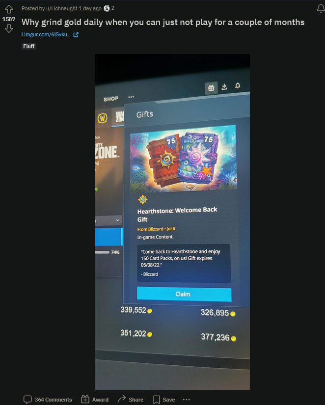 《炉石传说》个人回归玩家获得150卡包回归礼包。