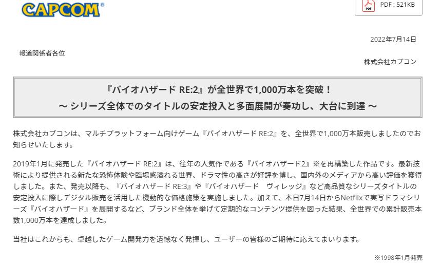 Capcom:《生化危机2重制版》全球销量突破1000万。
