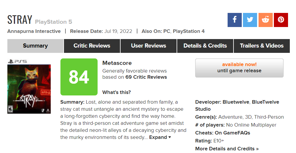 猫冒险游戏《迷失》媒体评分:M站83分