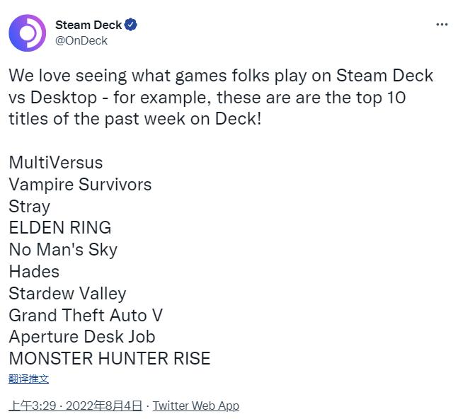v上周公布了SteamDeck的十大游戏。