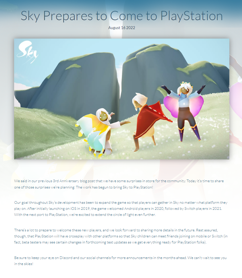 《Sky光·遇》登陆PS平台迁移进行中。