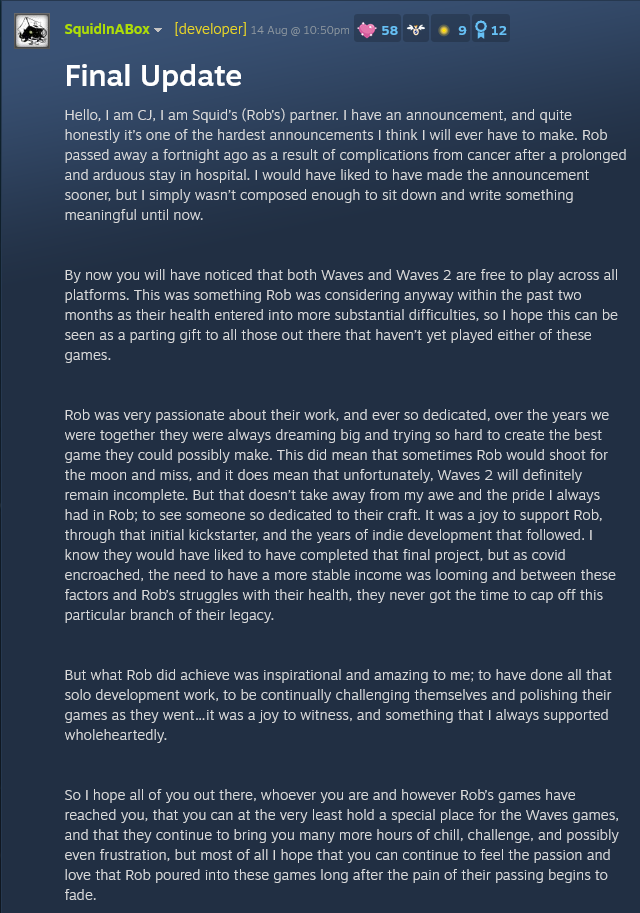 《波动》开发者RobHale的死会让游戏免费。