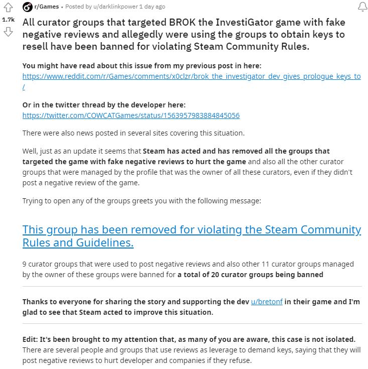 Steam鉴赏家骗关键后续:相关团体因违反社区规则已被封禁