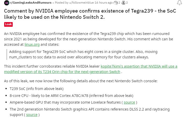 传闻:Switch新主机将搭载NVIDIATegra239八核芯片。